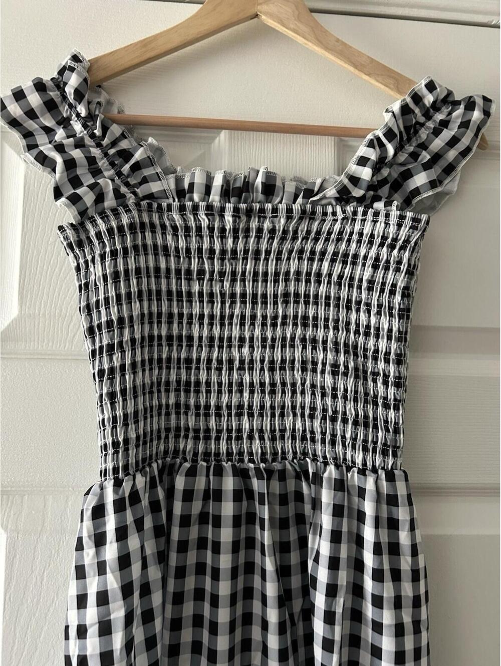 Gingham Smocked Maxi Dress Ruffle Strap Black/White Square Neck Sleeveless Small - Picture 2 of 6